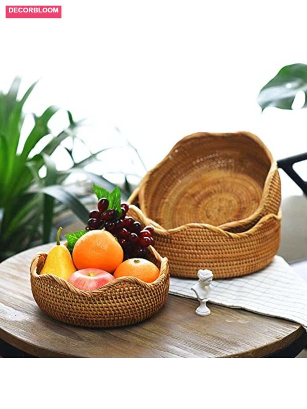 Rattan Round Fruit Basket Set of 3 Woven Serving Tray Boho Home Decor